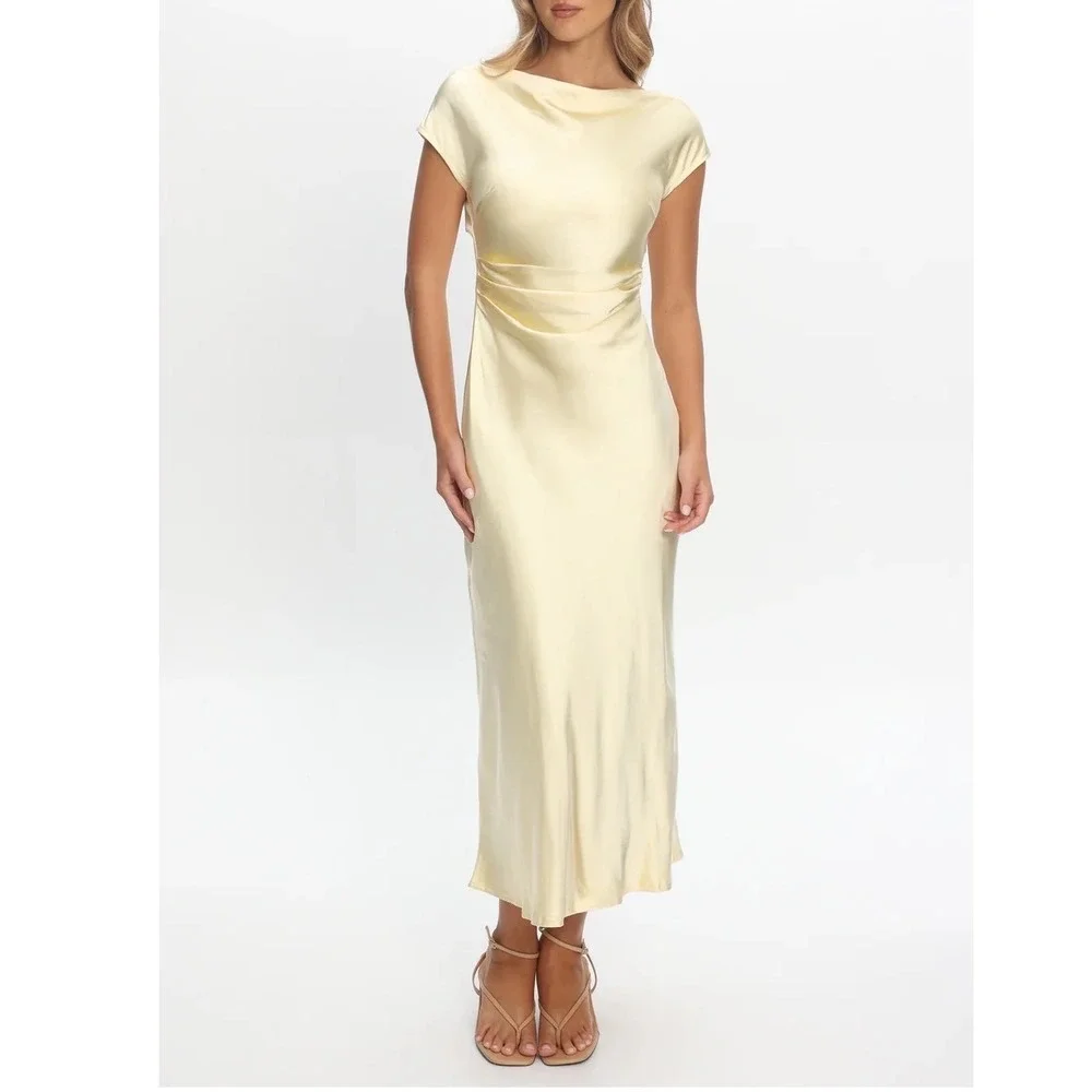 NWT Here Comes the Sun Butter Yellow Elegant Satin Maxi Dress - Picture 3 of 15